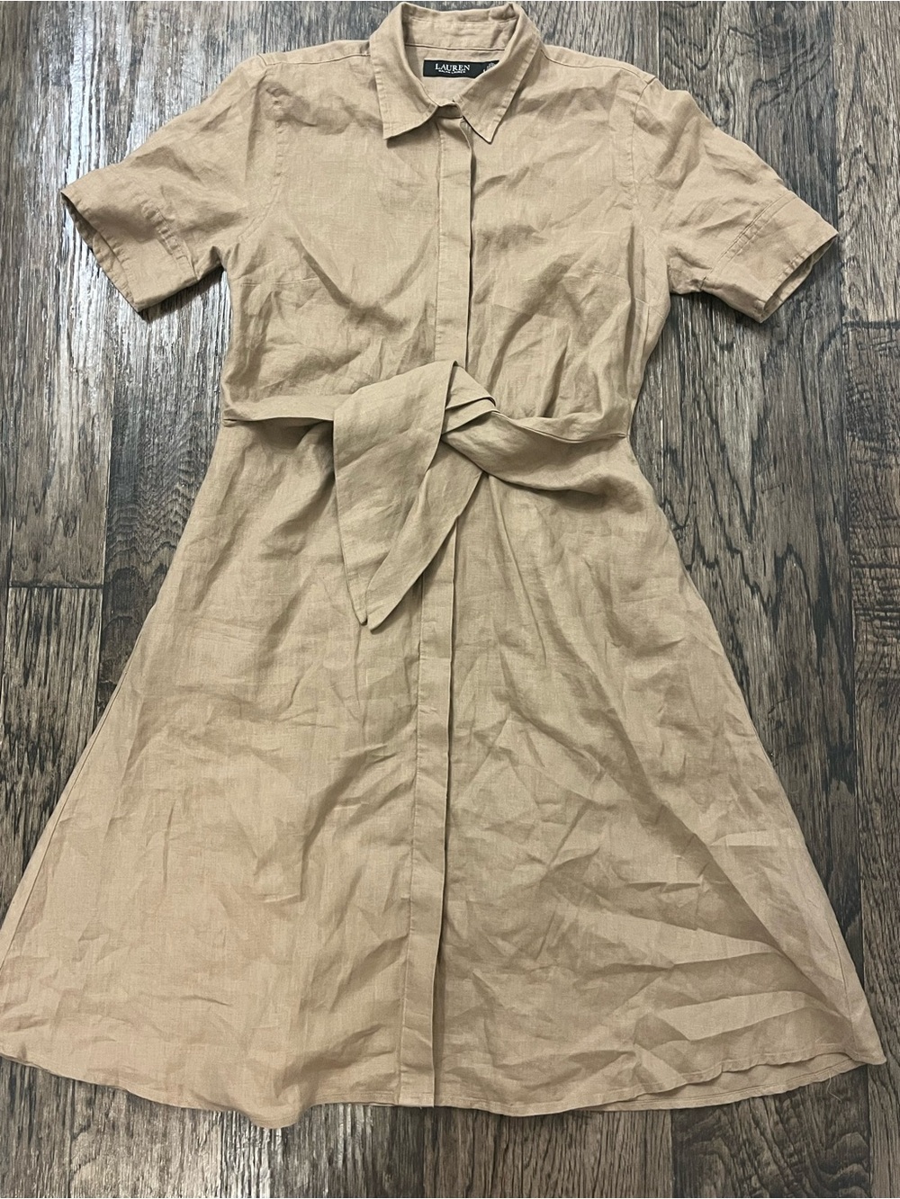 Ralph Lauren Tan Short-Sleeve Midi Shirt Dress with Tie Waist